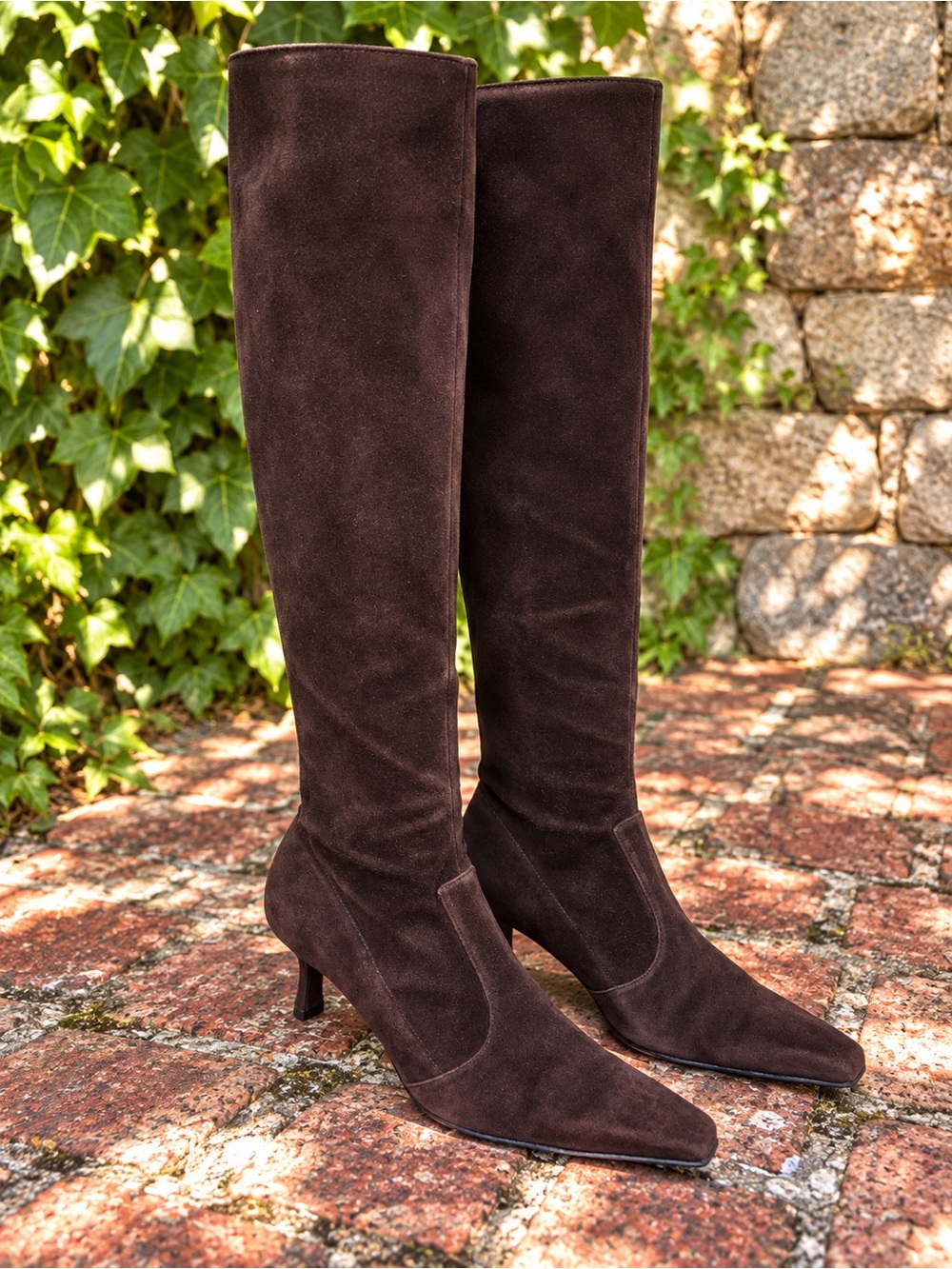 STUART WEITZMAN Luxury Chocolate Suede Kitten Heel Tall Leather Boots, 9.5